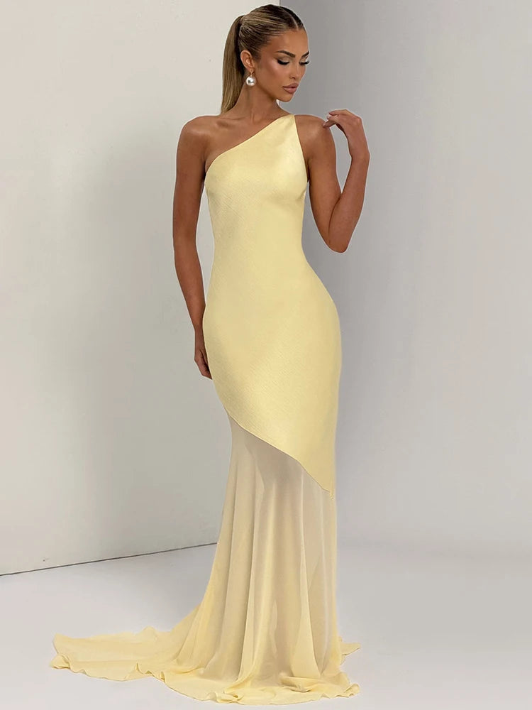 Mozision One Shoulder Backless Sexy Maxi Dress Women Gown Fashion Patchwork Sleeveless Bodycon Club Party Long Dress Elegant