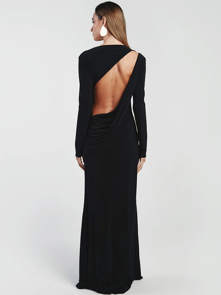 Mozision Backless Long Sleeve Sexy Maxi Dress Women Gown Autumn Winter New High Waist Pleated Club Party Long Dress Elegant