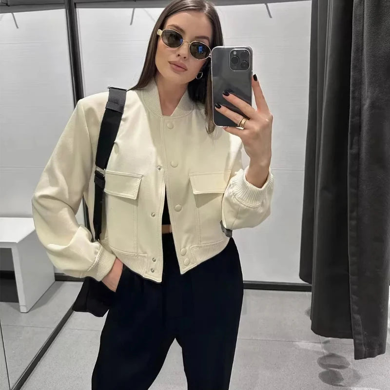 HXAO Woman Bomber Jacket Coat White Autumn Winter Button Baseball Aviator Cropped Jackets for Women Long Sleeve Crop Outerwear