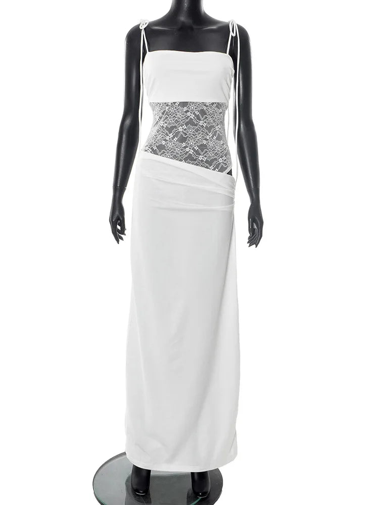 Tuularose Spring Lace Long Dress Women's Solid Spaghetti Straps Backless See Through Long Dress Sexy High Waist Vintage Dresses