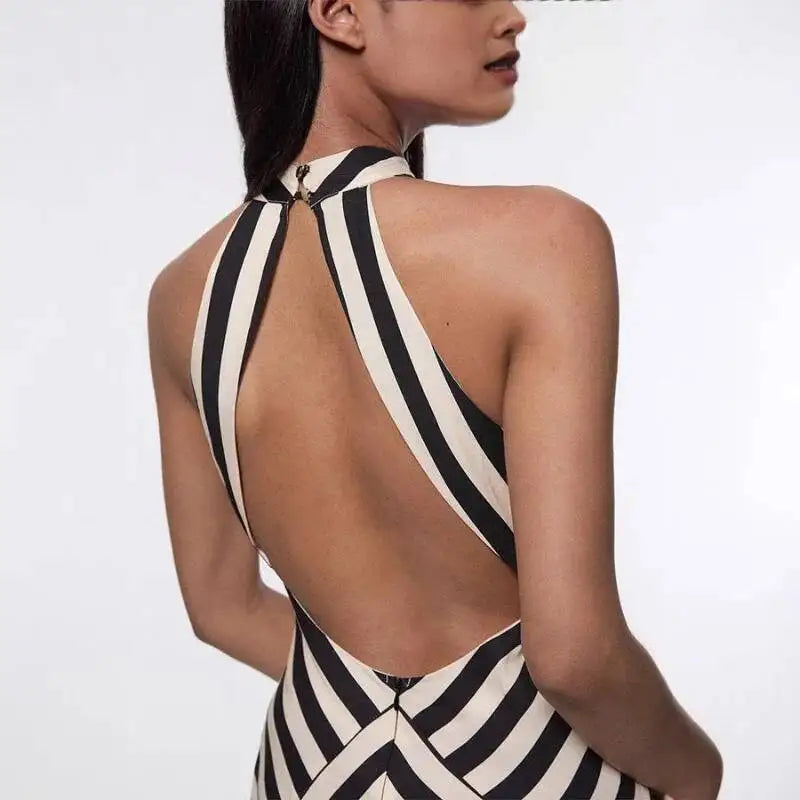 Striped Sleeveless High Street Long Dress Backless Sexy Evening Party Dress Halter Elagant Midi Dress Chic Women Bodycon Dresses