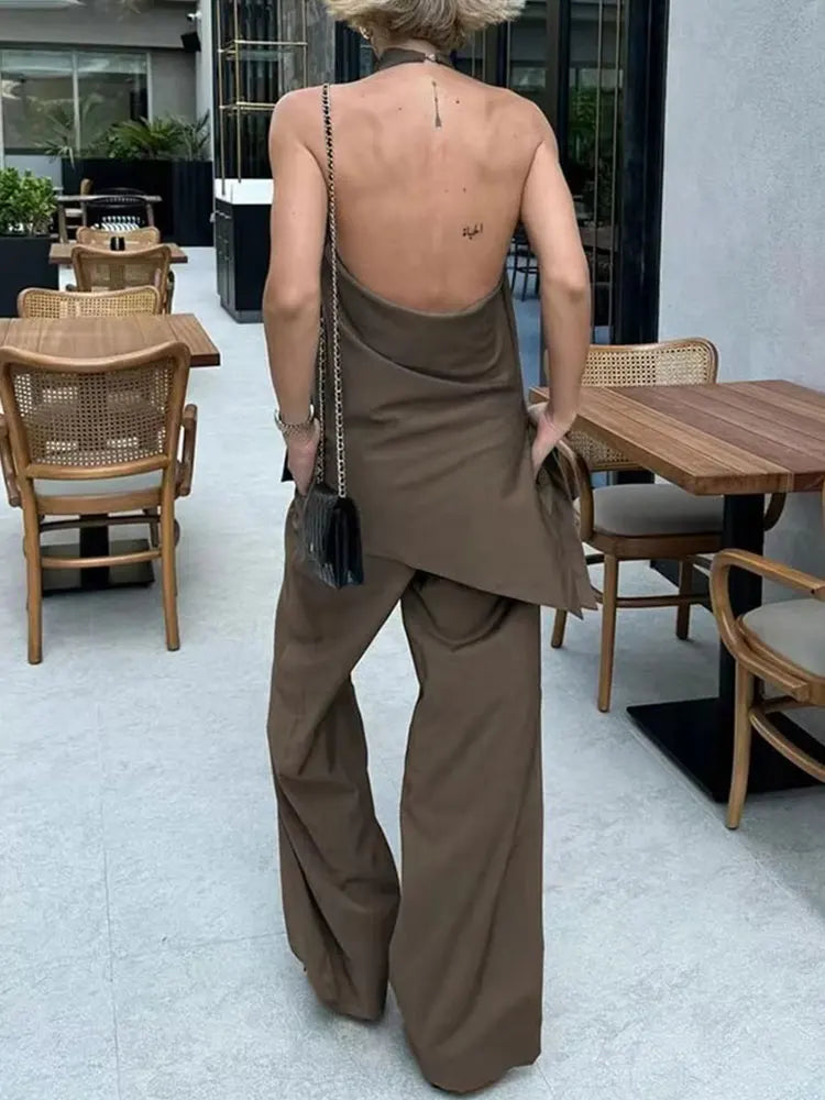 HH Women Vintage Solid Pant Sets Sexy Backless Halter Camis Top Asymmetric Tank Top + Drawstring Trousers Fashion Streetwear