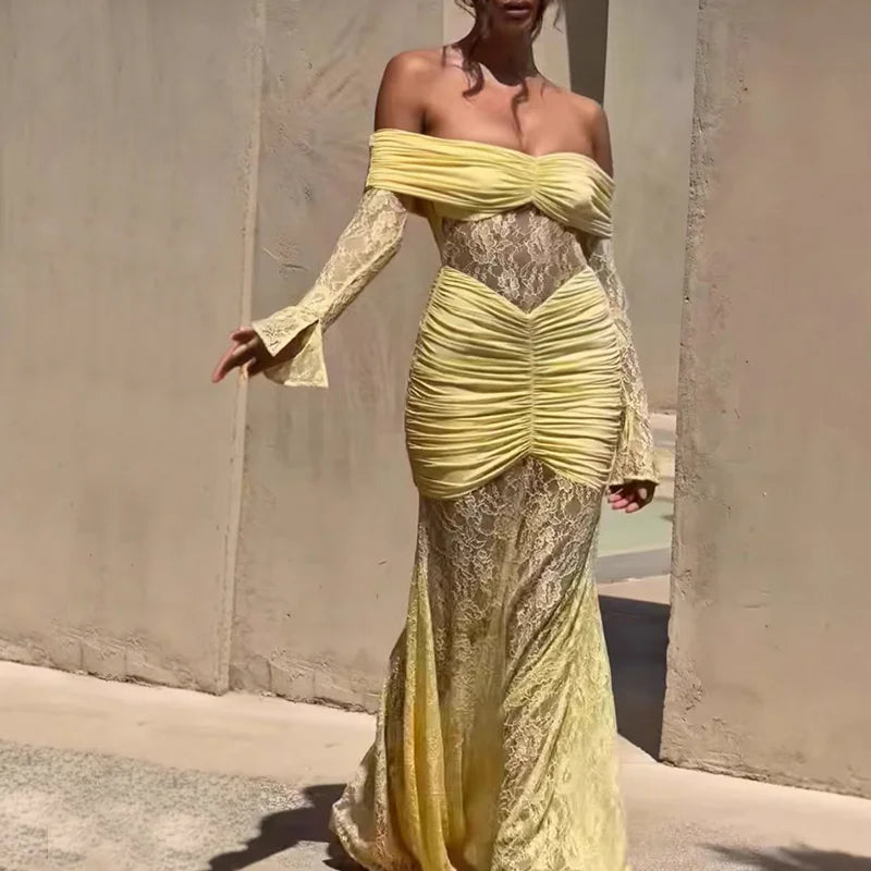 Candyhot Vintage Elegant Off Shoulder Slim Fit Hollow Out Maxi Dress Sexy Lace Print Women Autumn Fashion Evening Club Vestidos