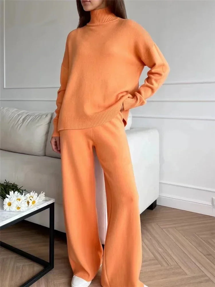 2024 wool  Autumn Winter 2 Pieces Women Sets Knitted Tracksuit Turtleneck Sweater and Straight Jogging Pants Suits