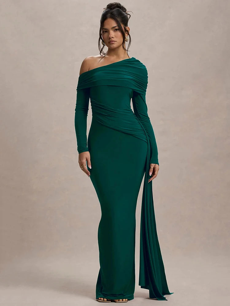 Mozision Skew Collar Long Sleeve Sexy Maxi Dress For Women Gown Fashion Backless Draped Ruched Bodycon Club Long Dress Elegant