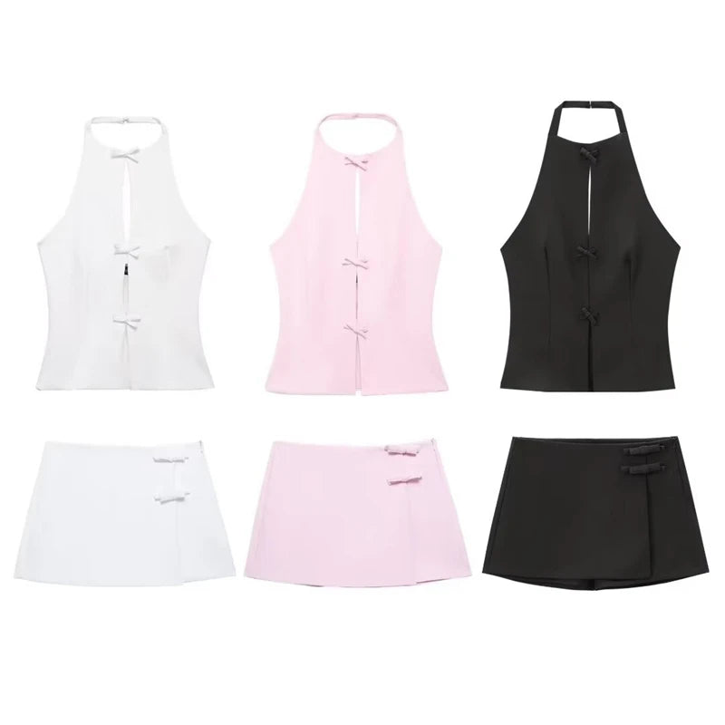 Tuularose Bow Backless Vest Women Summer Sleeveless Halter Hollow Top Elegant Slim Skirt New Y2k Female Tanks  Short Top Office