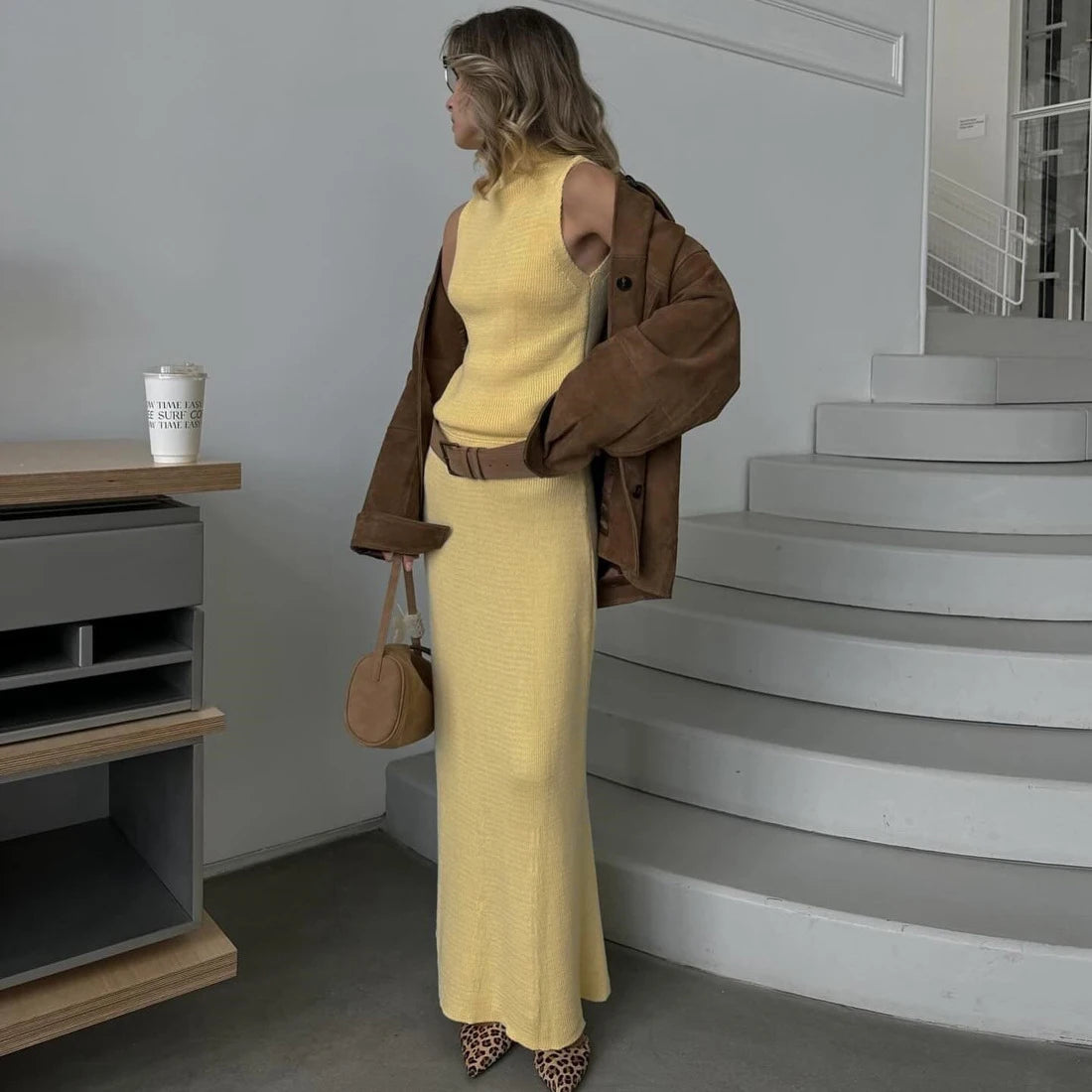 Tuularose Elegant Long Skirt Two-piece Set Women's Sleeveless Knitted Turtleneck Vest Slim Skirt Set 2025 New Fashion Skirt Set