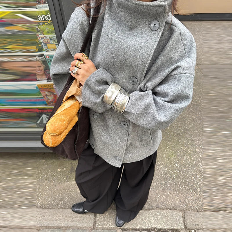 Solid Turtleneck Double-Breasted Pocket Coats Women Casual Loose Full Sleeve Female Jacket 2025 Autumn Office Lady Jackets