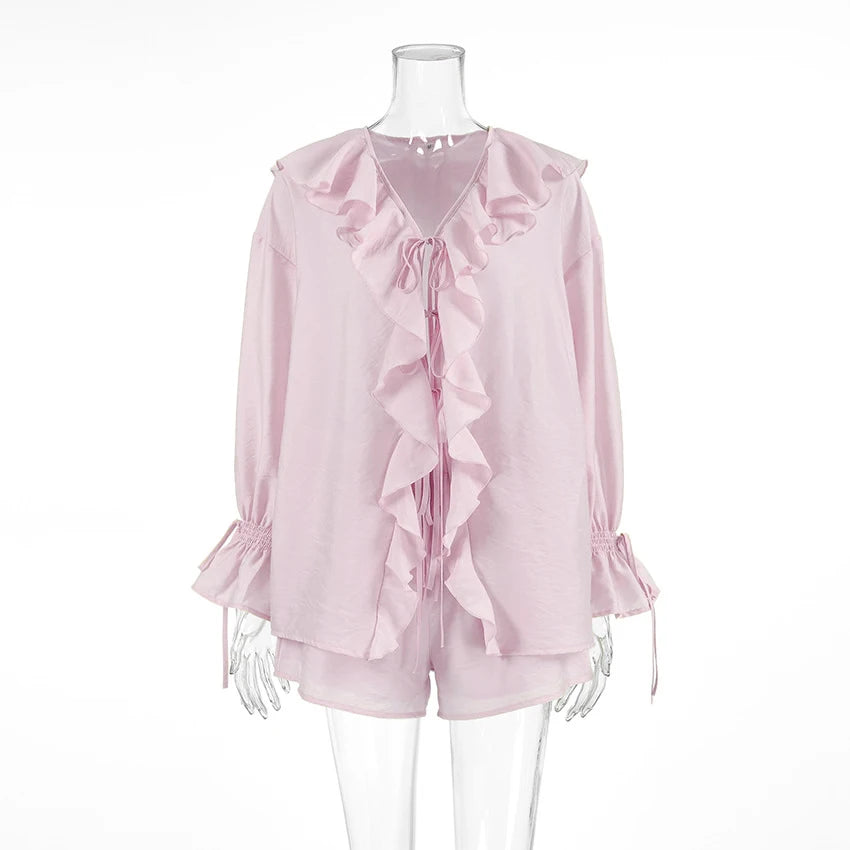 Tuularose New Casual Shorts Two-piece Set Women's Ruffled Loose Tie Top Simple Shorts Set Office Lady Summer Female Shorts Set