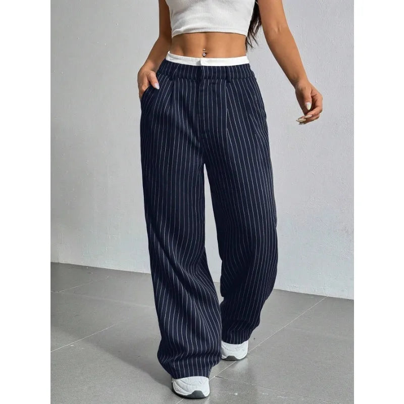 Women High Waist Striped Printed Suit Pants Office Lady Casual Loose Straight Trousers Spring Summer Female Chic Wide Leg Pants