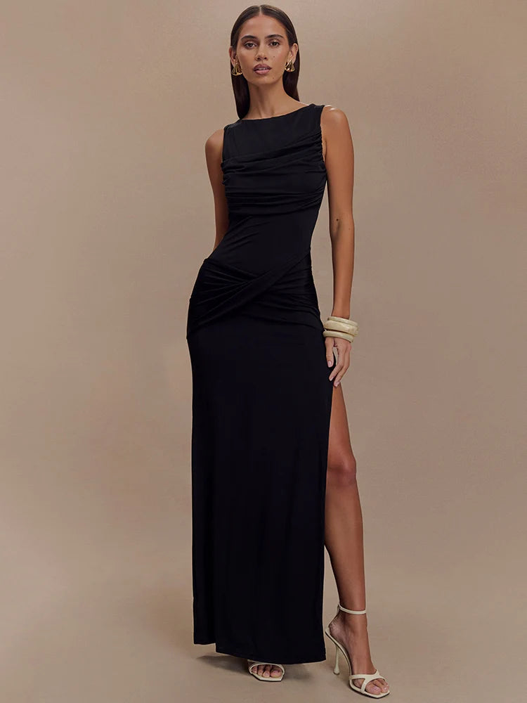 Mozision Backless Ruched Sexy Maxi Tank Dress Women Gown Summer New O Neck Thigh High Split Bodycon Elegant Long Dress Fashion