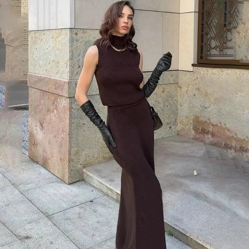 Tuularose Elegant Long Skirt Two-piece Set Women's Sleeveless Knitted Turtleneck Vest Slim Skirt Set 2025 New Fashion Skirt Set