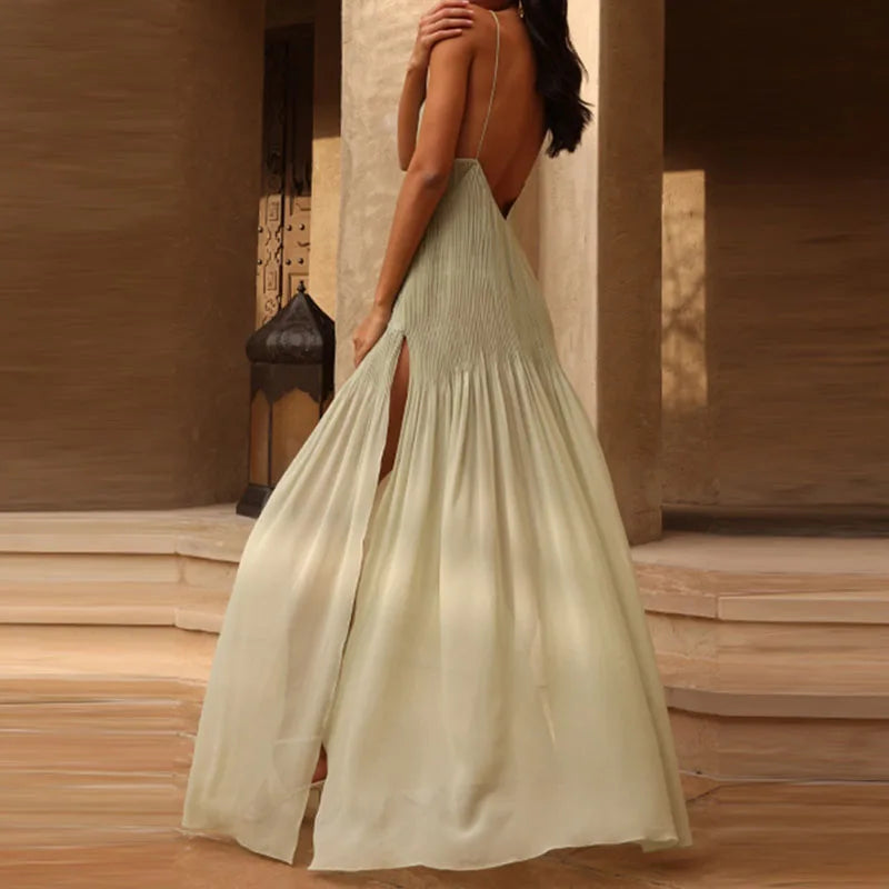 Simple Sexy Deep V Neck Pleated Evening Dress Women Spring Solid Rib Side Split Long Dress 2024 Summer Backless Sling Maxi Dress