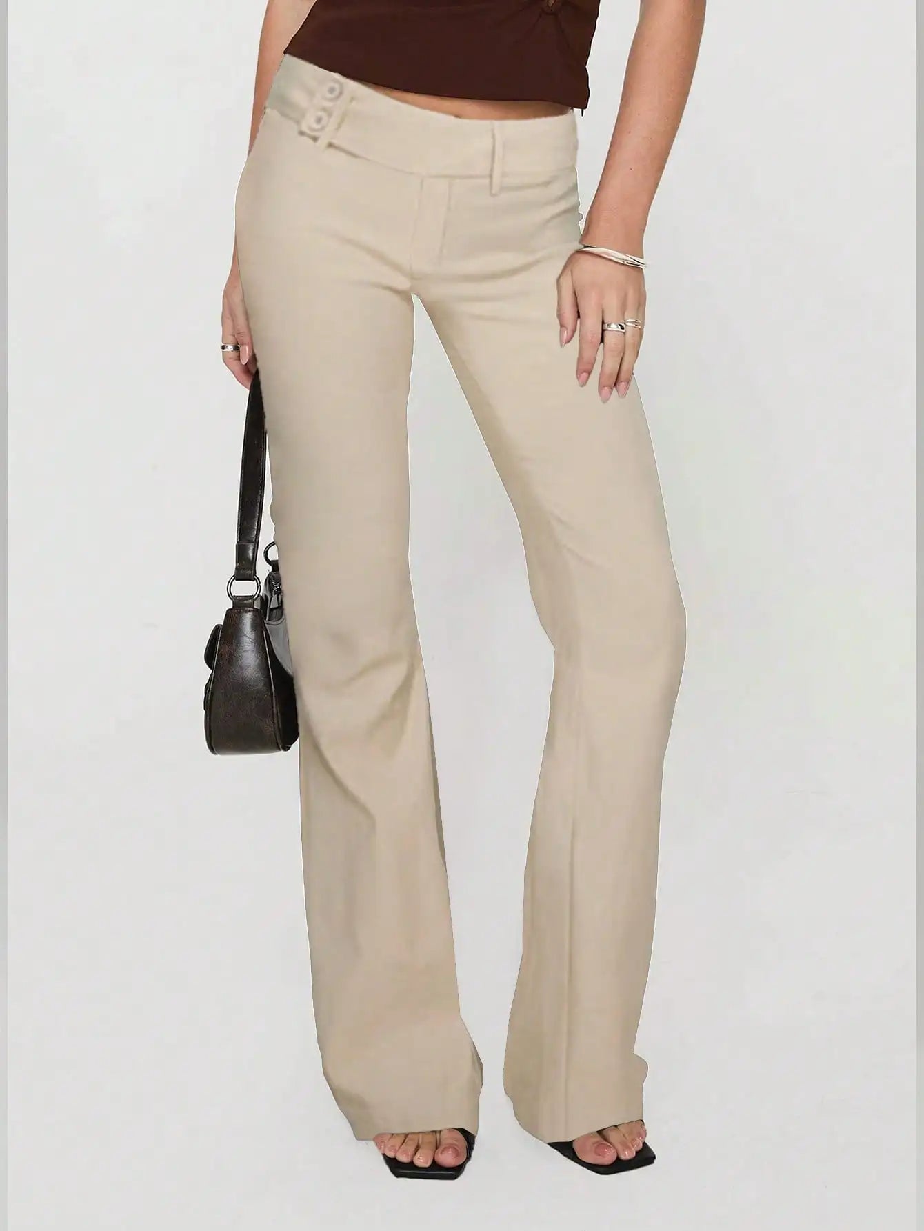 Women Low Drop Waist Casual Work Business Waist Button Design Elastic Waist Color Block Striped Long Pants,Suitable for Office