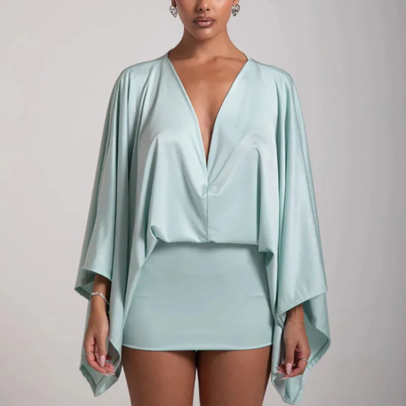 New Autumn Chic Deep V-Neck Boho Dress Retro Solid Spliced Flare Sleeve Prom Dress Spring Woman Club Elegant Slim Fit Mini Dress