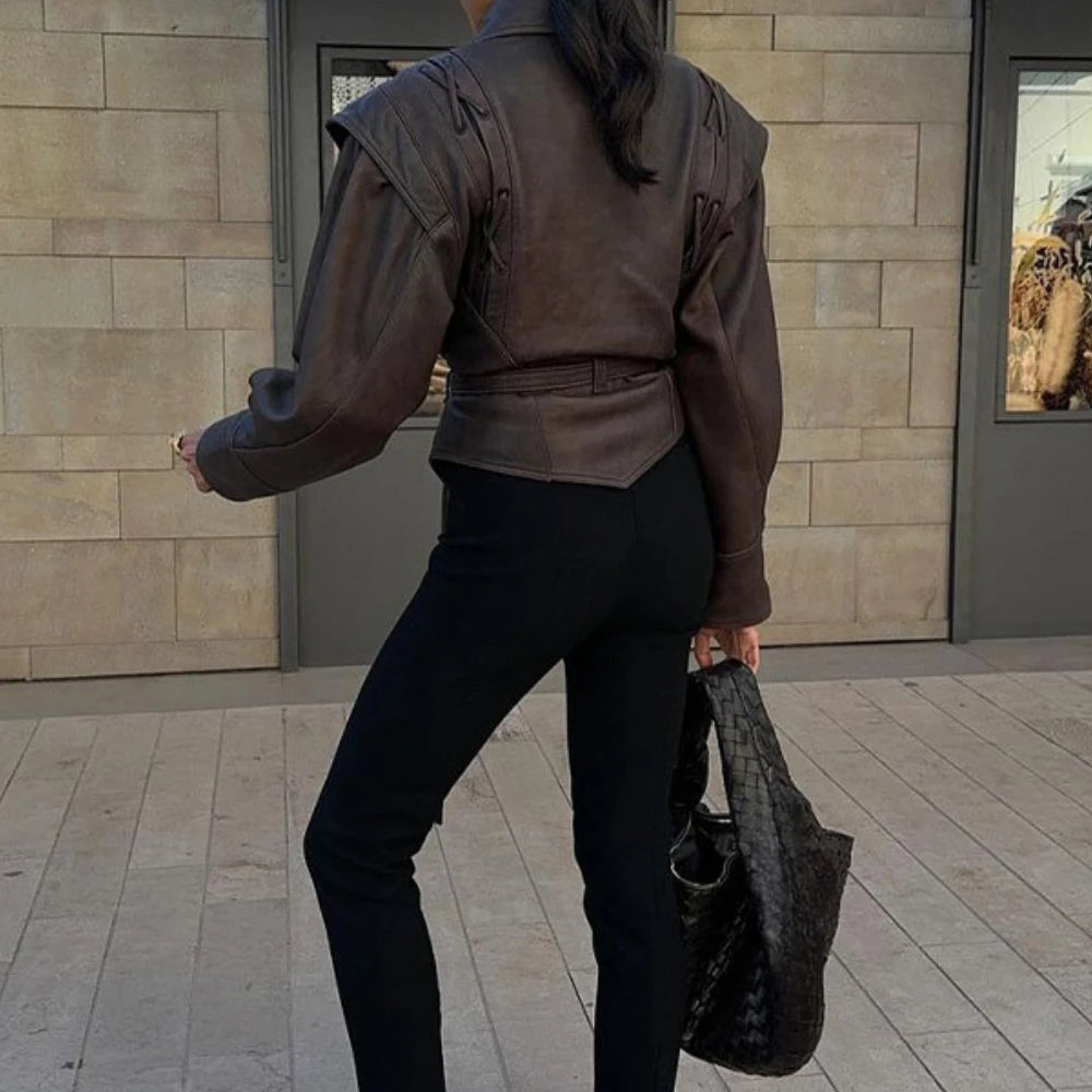 Suninheart Autumn and Winter Faux Leather Jackets for Women 2025 Dropped Shoulder Oversized Jacket Coat Belted Corset Jacket