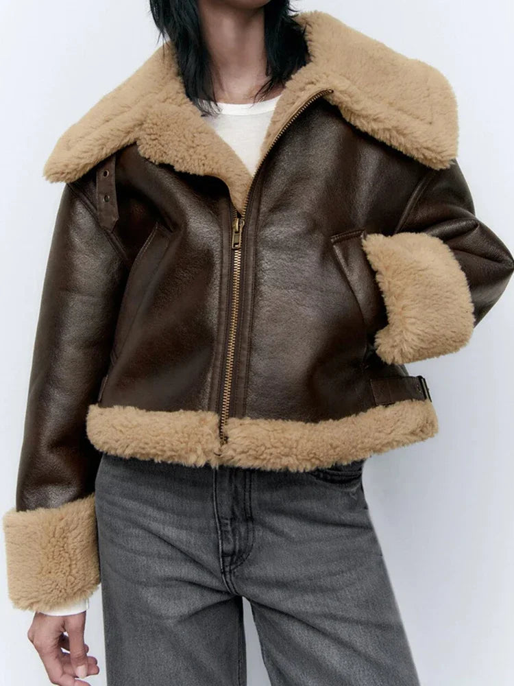 New Women Thick Warm Faux Leather Fur Jacket Autumn Winter Female Streetwear Moto Biker Zipper Coat Vintage Outwear 2025