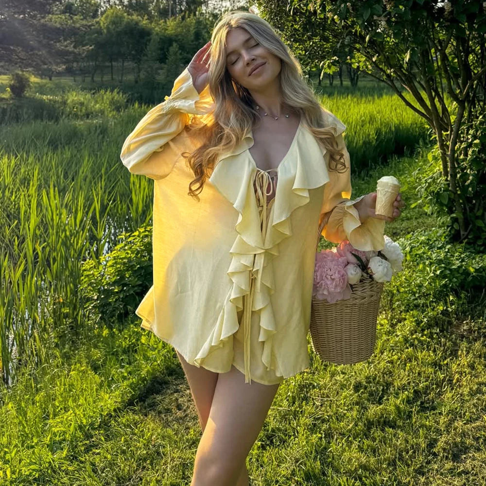 Tuularose New Casual Shorts Two-piece Set Women's Ruffled Loose Tie Top Simple Shorts Set Office Lady Summer Female Shorts Set