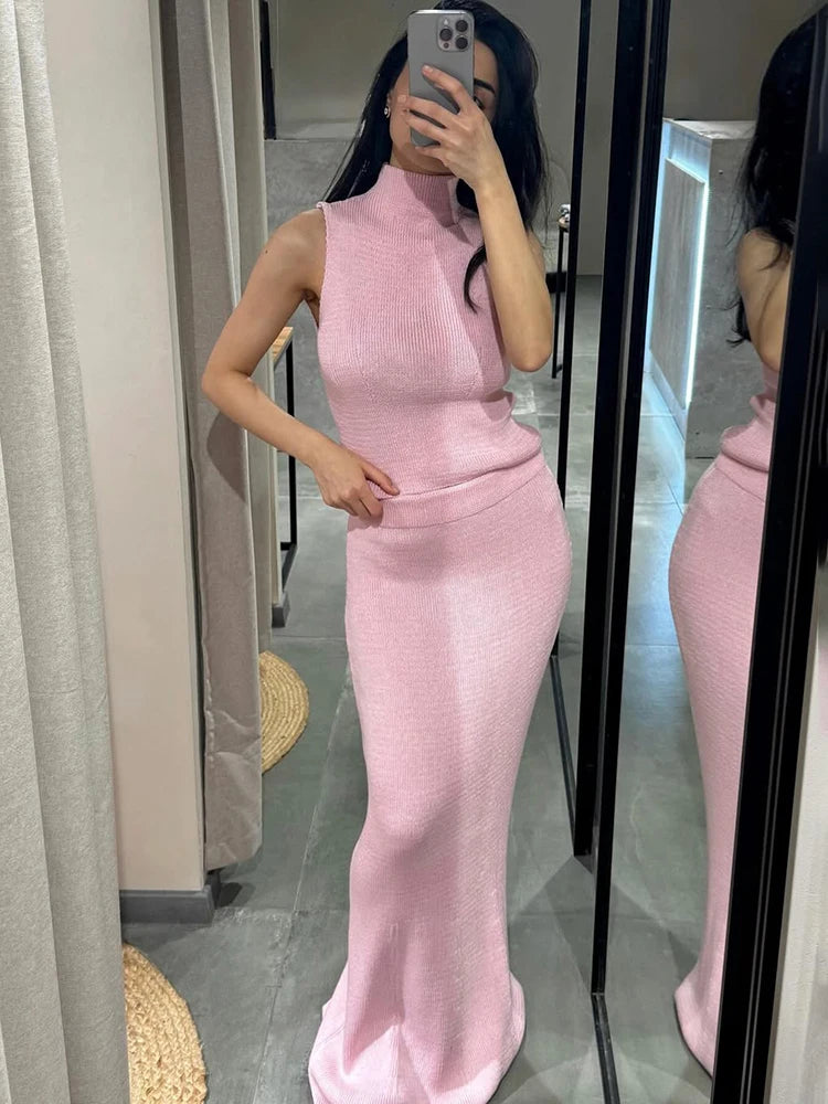 Tuularose Elegant Long Skirt Two-piece Set Women's Sleeveless Knitted Turtleneck Vest Slim Skirt Set 2025 New Fashion Skirt Set