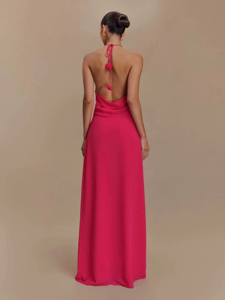 Sexy Halter Neck Flower Patchwork Long Dress Summer Women Sleeveless Backless Lace-up Slim Dresses Club Party Evening Gowns