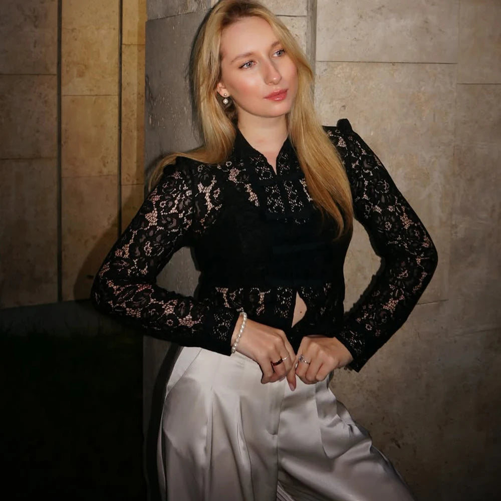 Tuularose Luxury Lace Blouse Fashion Lace Print Single Breasted Slim Shirt Vintage Elegant Party Looks Summer Women Blouse Tops