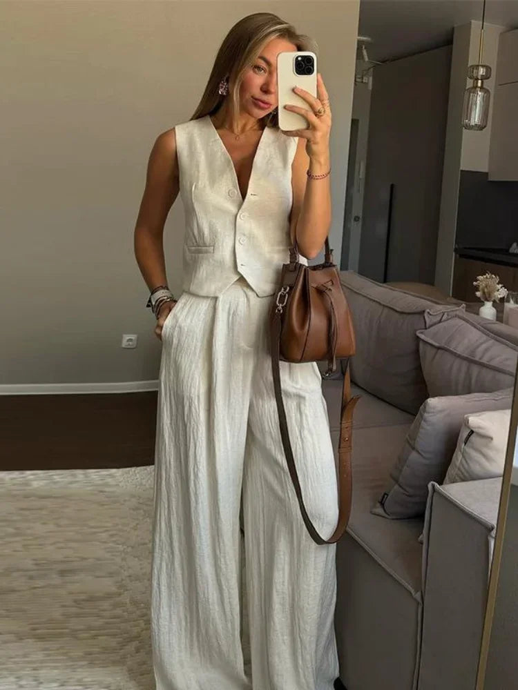 2025 Women's Cotton Linen Vest Pant Set Breathable Sleeveless Deep V Neck Suit Loose Fit Casual Outfit For Commuting Daily Wear