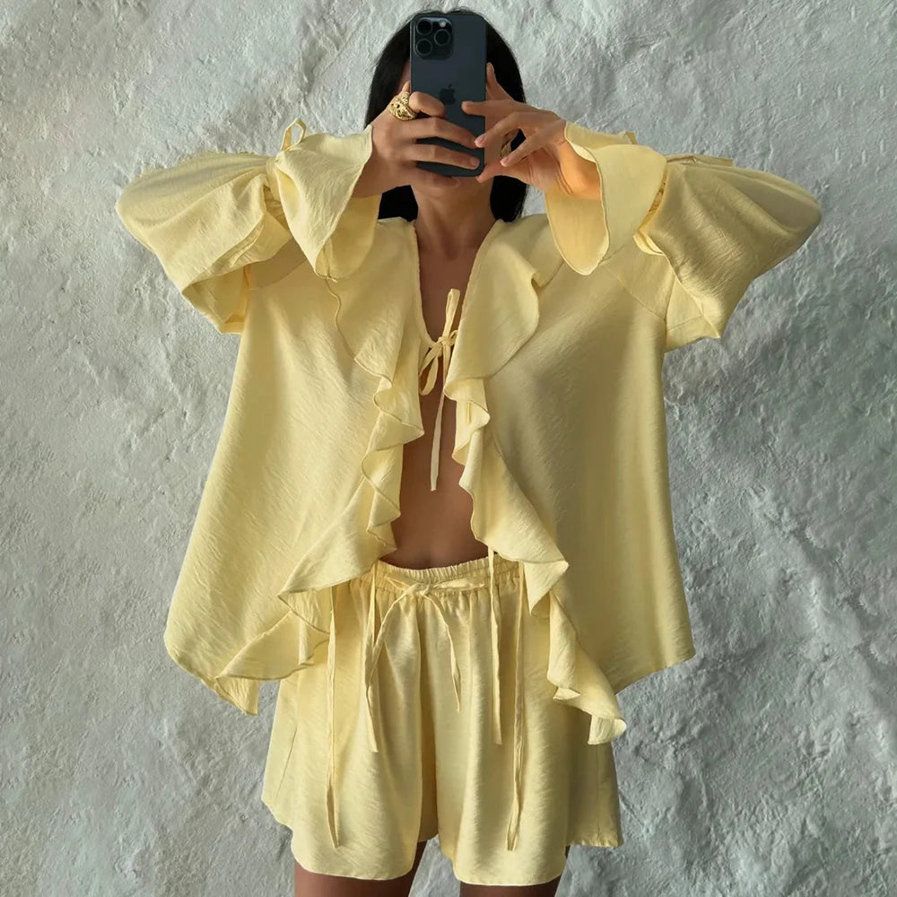 Tuularose New Casual Shorts Two-piece Set Women's Ruffled Loose Tie Top Simple Shorts Set Office Lady Summer Female Shorts Set