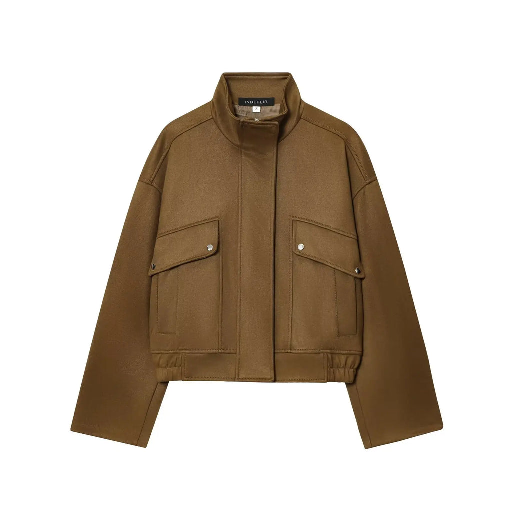 HH Autumn Elegant Women's Suede Textured Street Jacket Woman Chic Long Sleeves Zipper High Neck Pockets Design Slim Coats