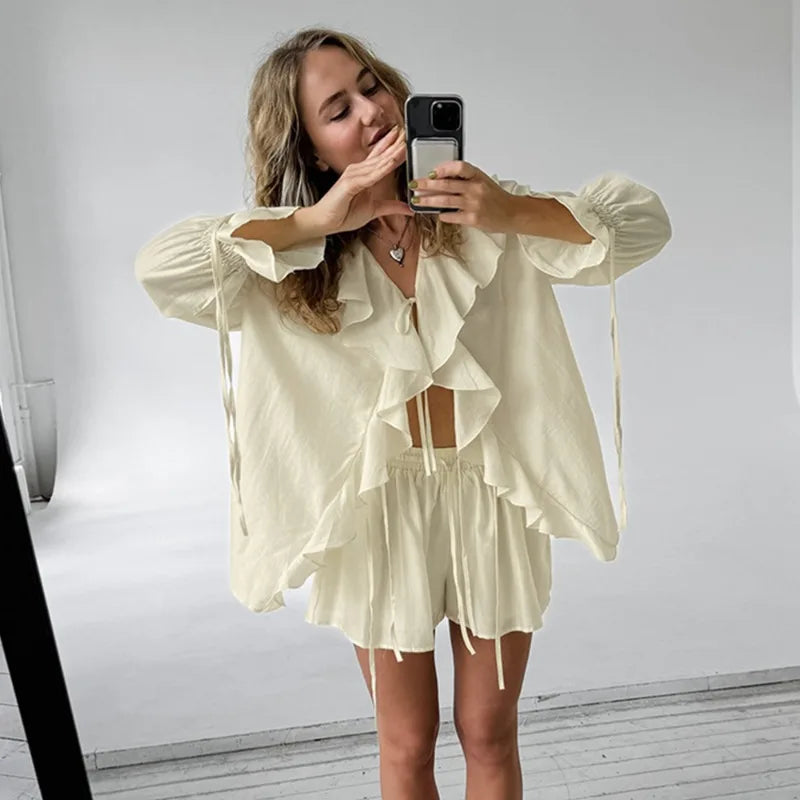 Tuularose New Casual Shorts Two-piece Set Women's Ruffled Loose Tie Top Simple Shorts Set Office Lady Summer Female Shorts Set