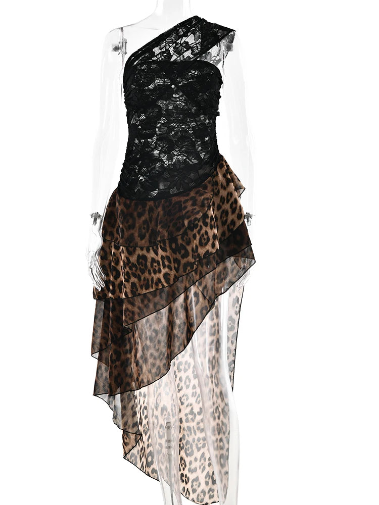 JULISSA MO Patchwork Print Leopard See Through Lace Women Dress Sexy One Shoulder Ruffle Dress Summer New Elegant Party Clubwear