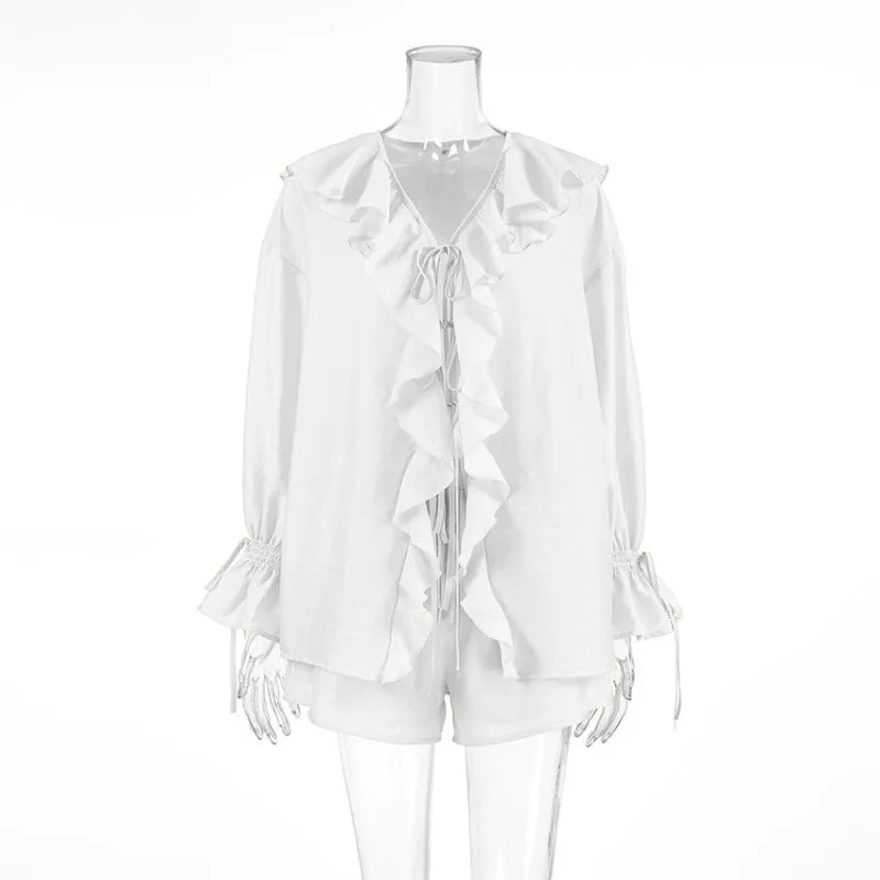 Tuularose New Casual Shorts Two-piece Set Women's Ruffled Loose Tie Top Simple Shorts Set Office Lady Summer Female Shorts Set