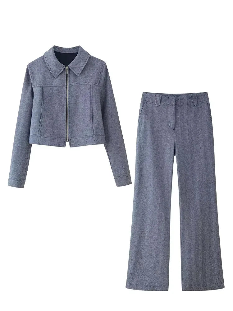 HH Autumn Women Chic Zipper Lapel Long Sleeves Short Jacket+High Waist Side Pocket Casual Loose Solid Trousers 2-Piece Set