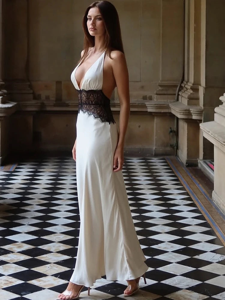 JULISSA MO Patchwork Sexy Deep V-neck Lace Halter Women Maxi Dress White Backless Evening Dress Summer Slim Elegant Party Dress