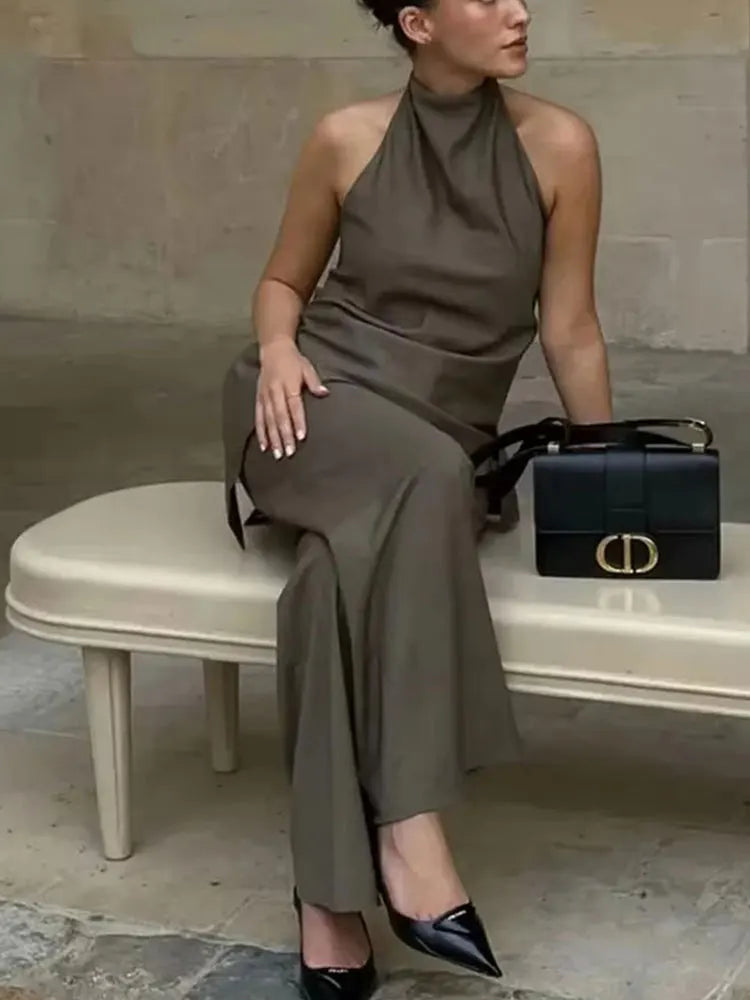 HH Women Vintage Solid Pant Sets Sexy Backless Halter Camis Top Asymmetric Tank Top + Drawstring Trousers Fashion Streetwear