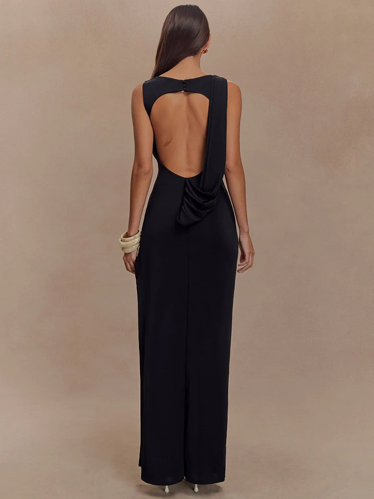 Mozision Backless Ruched Sexy Maxi Tank Dress Women Gown Summer New O Neck Thigh High Split Bodycon Elegant Long Dress Fashion