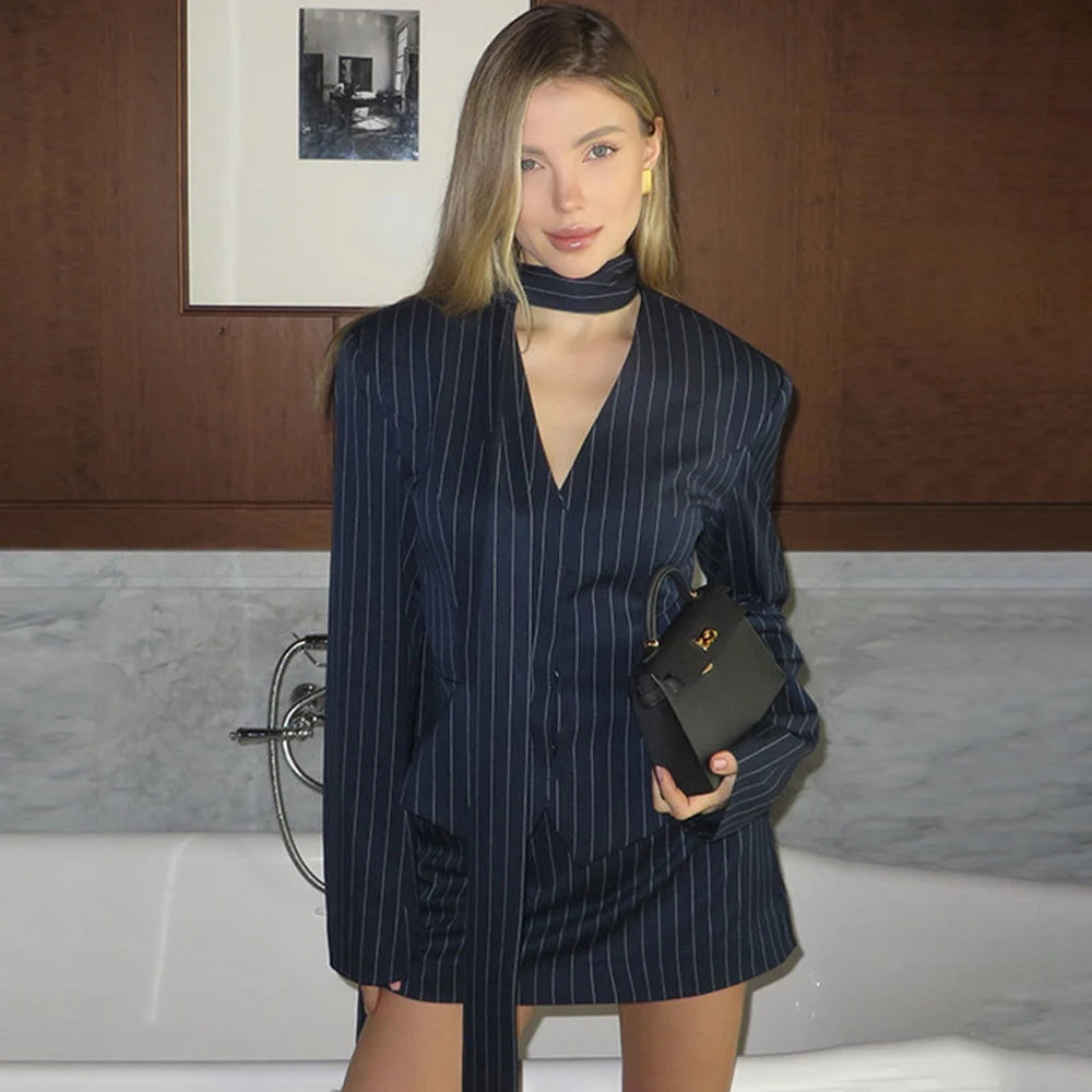 Tuularose 3 Piece Dress Set Women Elegant V-Neck Striped Ribbon Blazer Slim Short Dress Set Fashion Luxury Women Party Dress Set