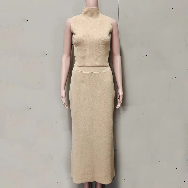 Tuularose Elegant Long Skirt Two-piece Set Women's Sleeveless Knitted Turtleneck Vest Slim Skirt Set 2025 New Fashion Skirt Set