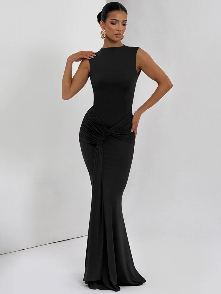Mozision Backless Draped Ruched Sexy Maxi Dress Women Gown Elegant O Neck Sleeveless High Waist Skinny Club Party Long Dresses