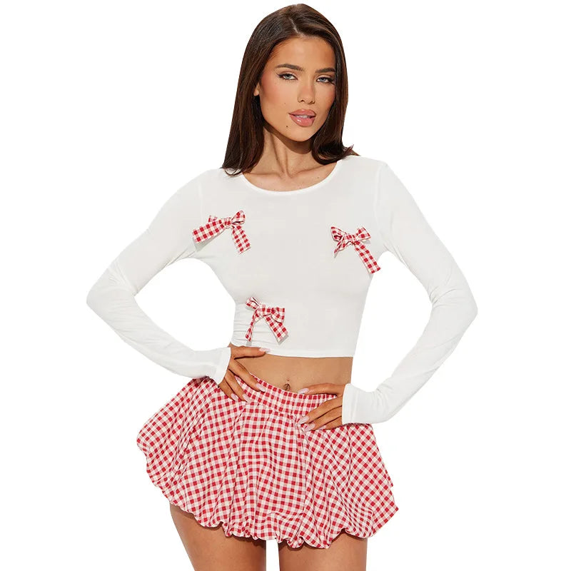 2025 Autunmn Sweet 2 Piece Sets Women Outfit Y2k Streetwear Long Sleeves Bow Patchwork Crop Top Bubble Puff Skirt Fashion Suits