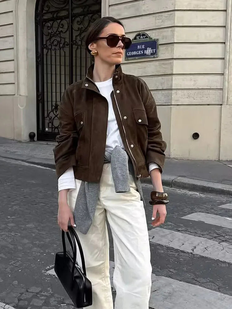 HH Autumn Elegant Women's Suede Textured Street Jacket Woman Chic Long Sleeves Zipper High Neck Pockets Design Slim Coats