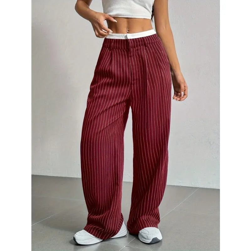Women High Waist Striped Printed Suit Pants Office Lady Casual Loose Straight Trousers Spring Summer Female Chic Wide Leg Pants
