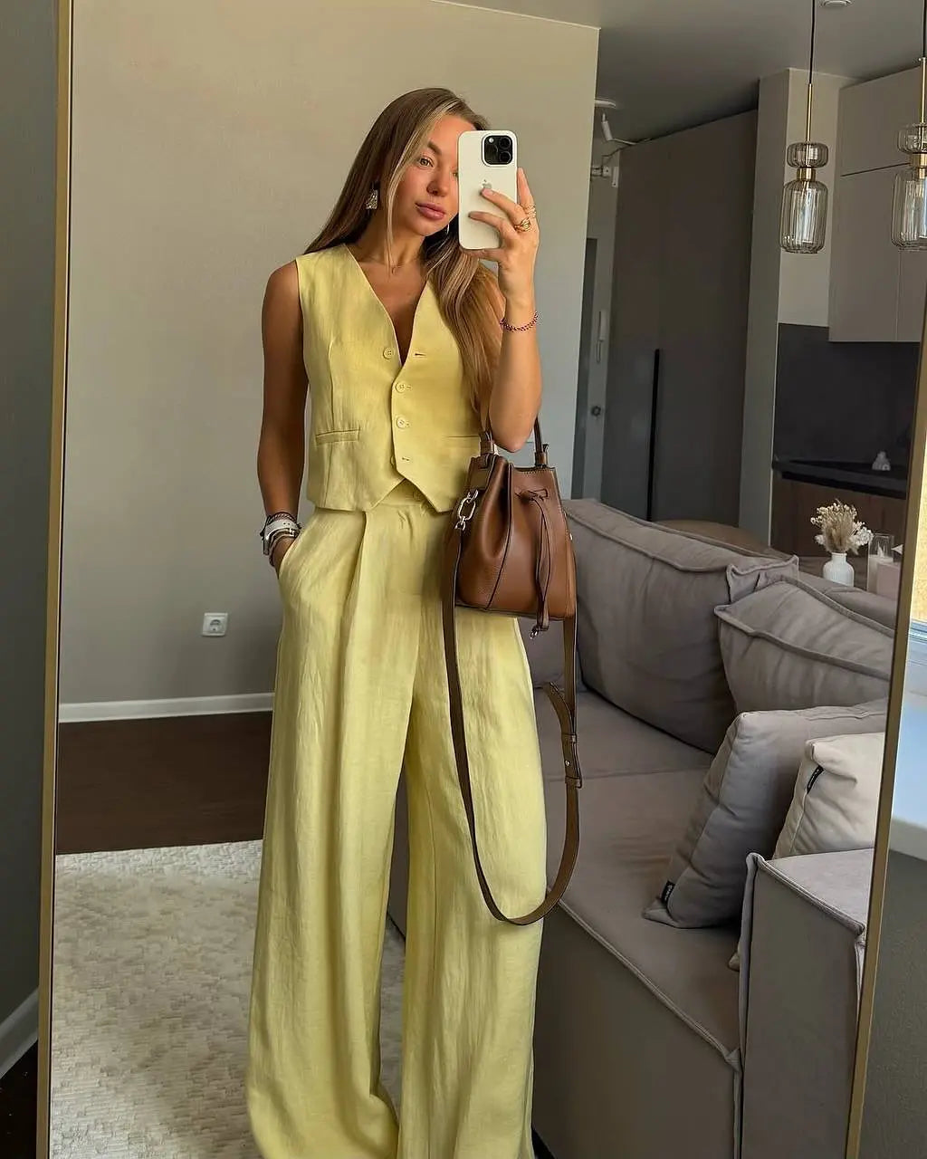 2025 Women's Cotton Linen Vest Pant Set Breathable Sleeveless Deep V Neck Suit Loose Fit Casual Outfit For Commuting Daily Wear