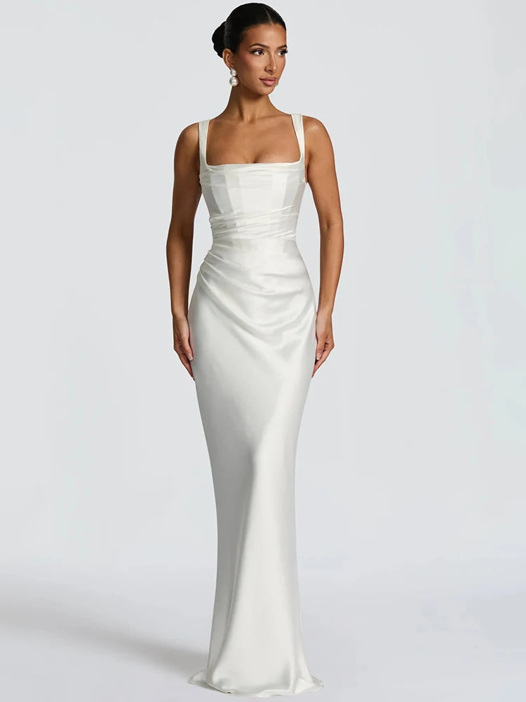 Mozision Satin Backless Sexy Maxi Dress Women Elegant Halter Off-shoulder Sleeveless Lace-up Bodycon Club Party Long Dresses