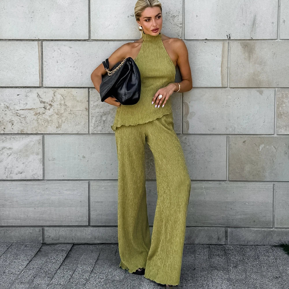 Tuularose Hanging Green Pants Set Sleeveless Backless Personality Temperament Commuter Two-piece Set Summer New Women Pants Set