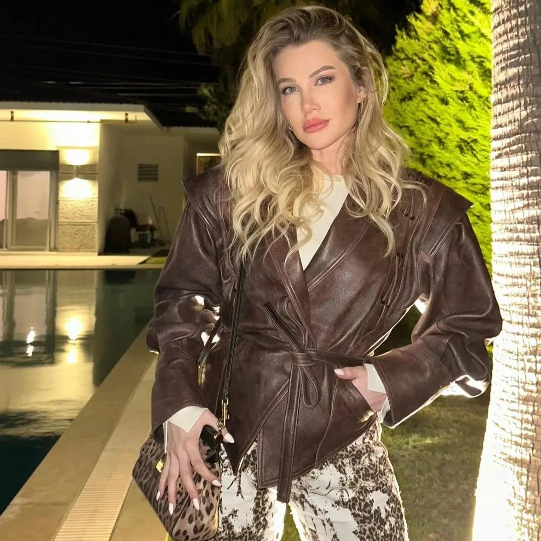 Suninheart Autumn and Winter Faux Leather Jackets for Women 2025 Dropped Shoulder Oversized Jacket Coat Belted Corset Jacket