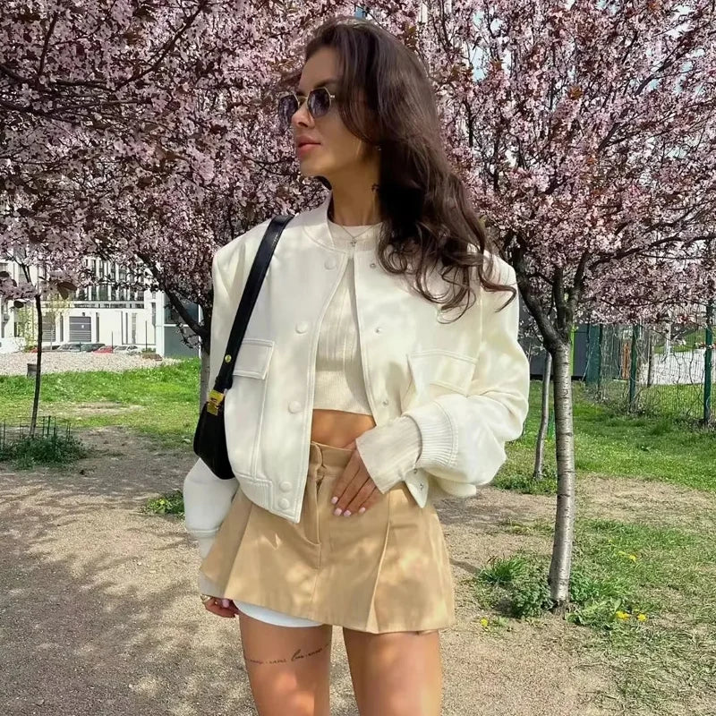 HXAO Woman Bomber Jacket Coat White Autumn Winter Button Baseball Aviator Cropped Jackets for Women Long Sleeve Crop Outerwear