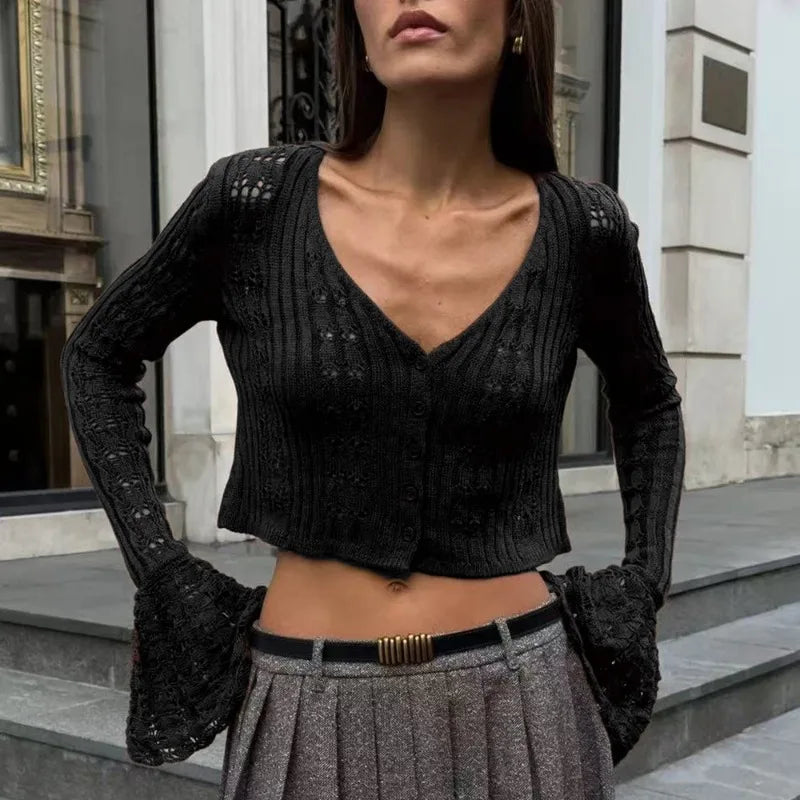 Tuularose Spring Knitted Cardigan Female Solid V-Neck Hollow Out Short Knitted Top Fashion Casual Loose Commuter Female T-Shirt