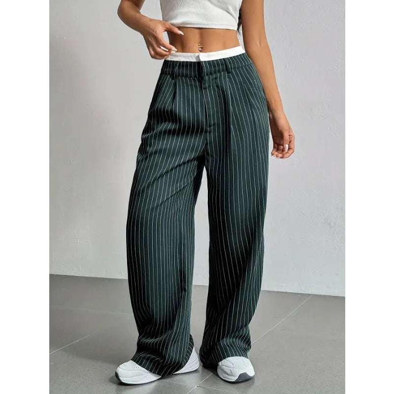 Women High Waist Striped Printed Suit Pants Office Lady Casual Loose Straight Trousers Spring Summer Female Chic Wide Leg Pants