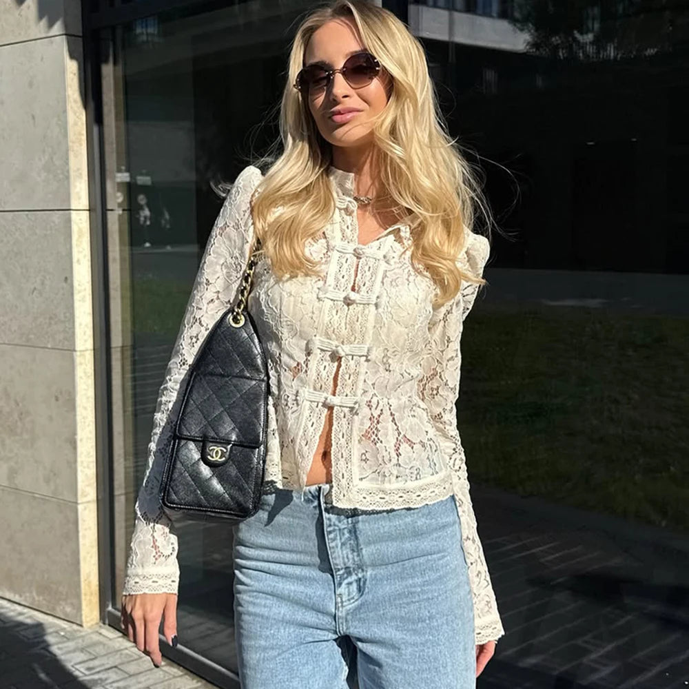Tuularose Luxury Lace Blouse Fashion Lace Print Single Breasted Slim Shirt Vintage Elegant Party Looks Summer Women Blouse Tops
