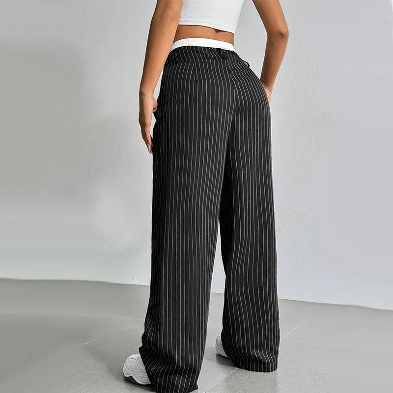 Women High Waist Striped Printed Suit Pants Office Lady Casual Loose Straight Trousers Spring Summer Female Chic Wide Leg Pants